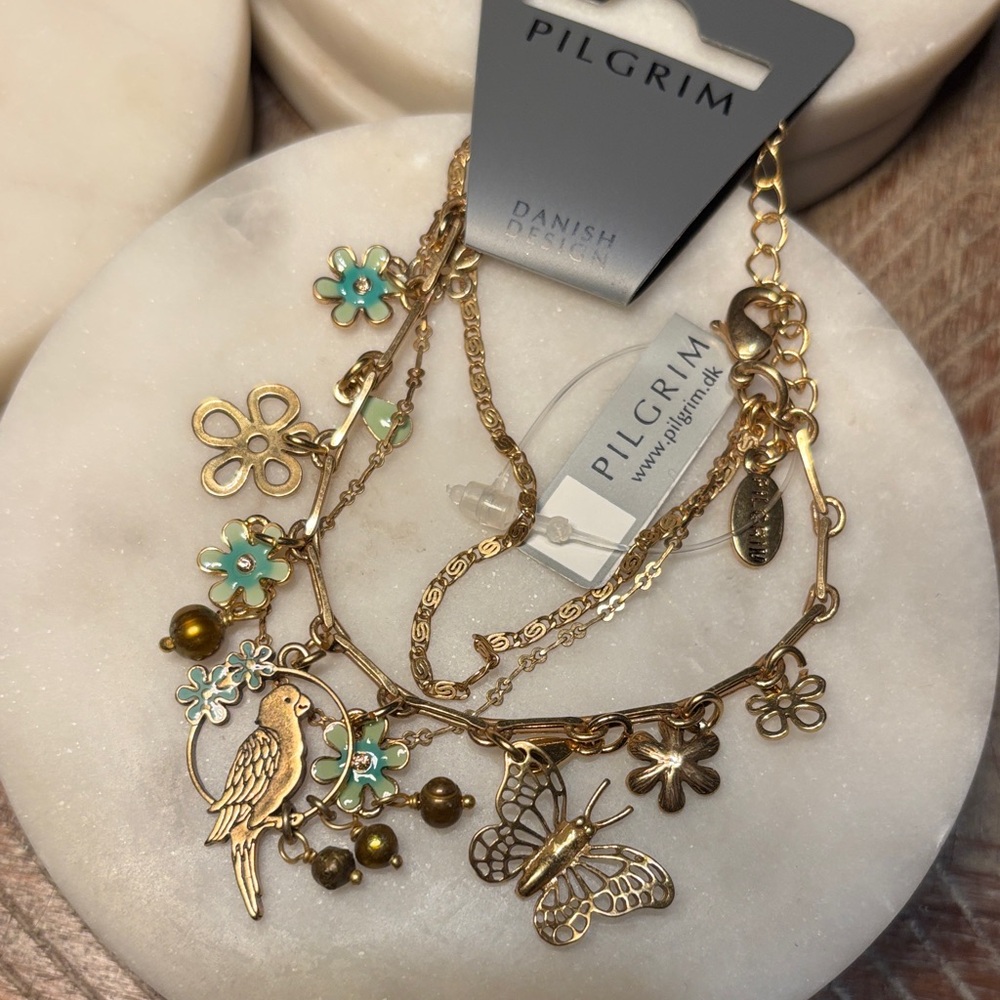 (#65) Pilgrim Gold Bracelet with Green Floral Charms
